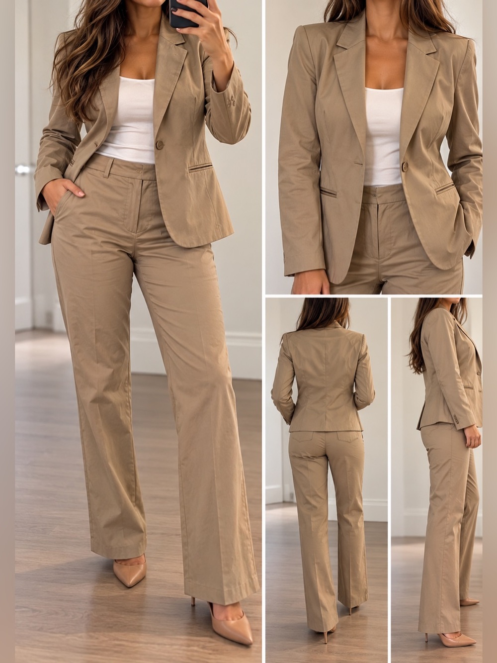Womenโs Beige/Tan 2-Piece Blazer & Pants Suit | Tailored Professional Set